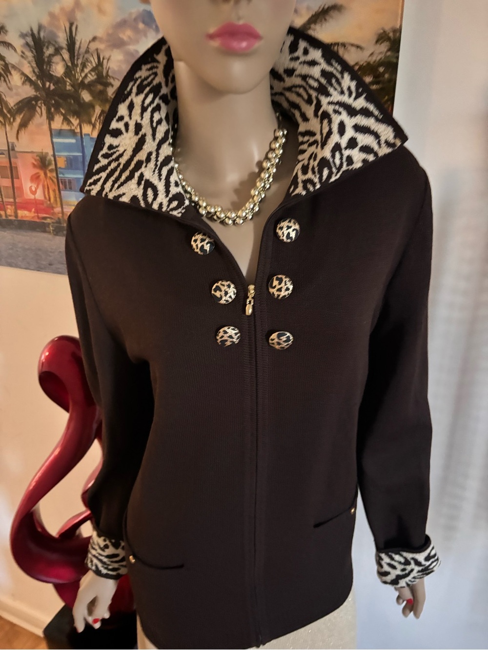 St. John metallic gold Brown Knit Zip dress suit Jacket with Animal Print 14 16